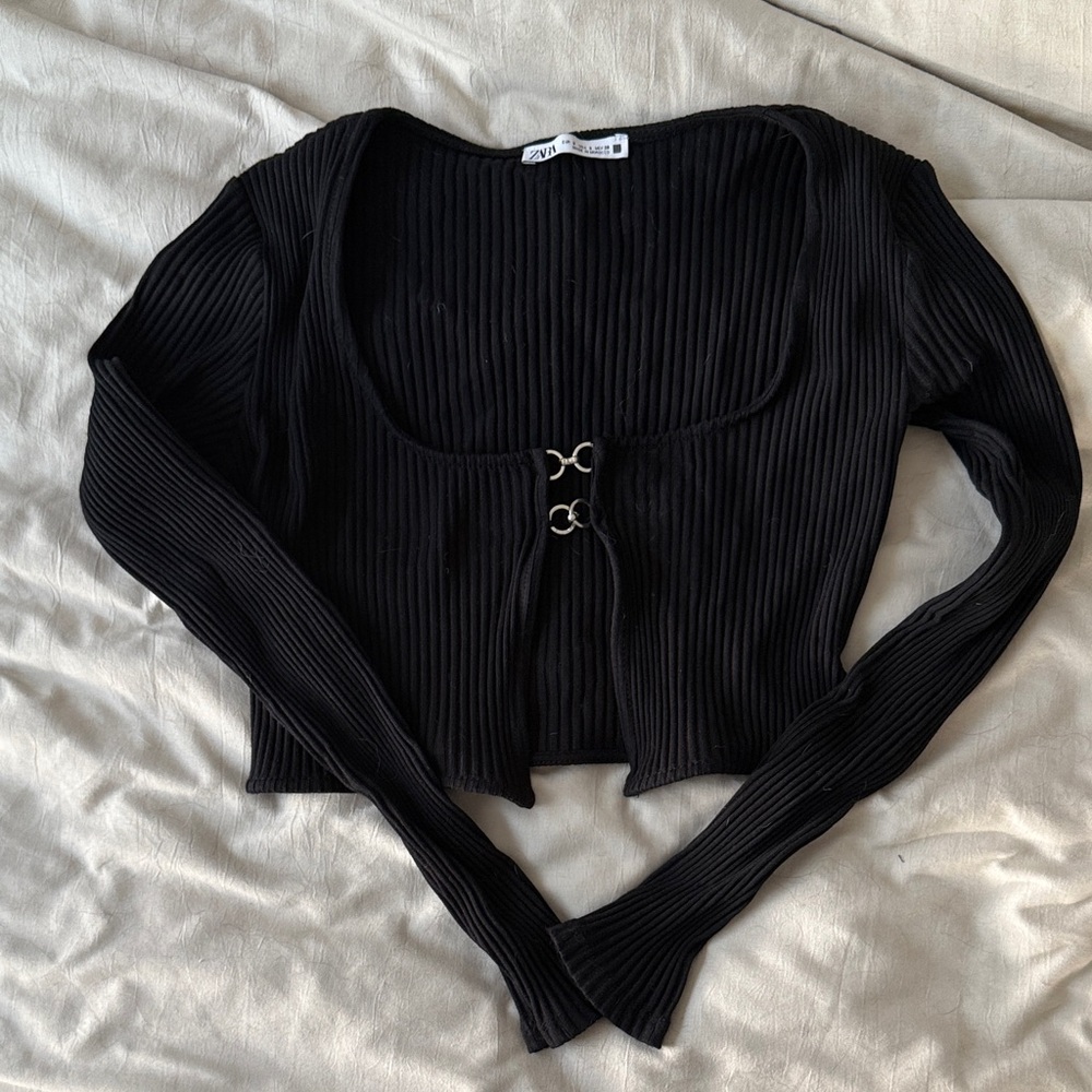 Zara Black Ribbed Crop Top with Long Sleeves